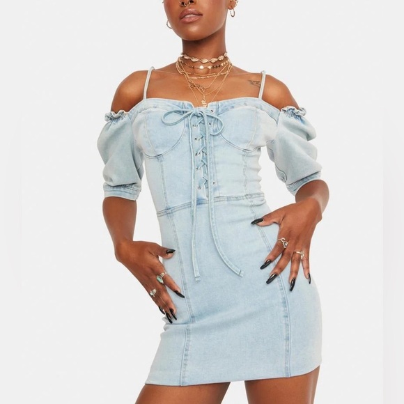 ❤️ Denim Lace Up Off The Shoulders Mini Dress - Picture 1 of 6